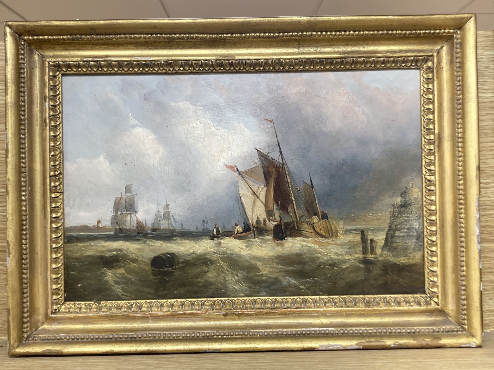 19th century English School, oil on panel, Shipping off the coast, 24 x 38cm